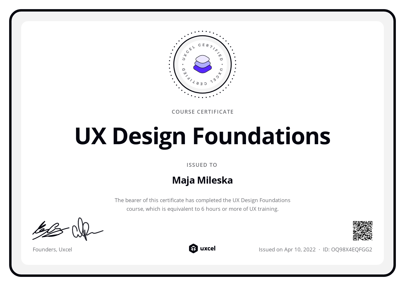 Maja Sekuloska's certificate